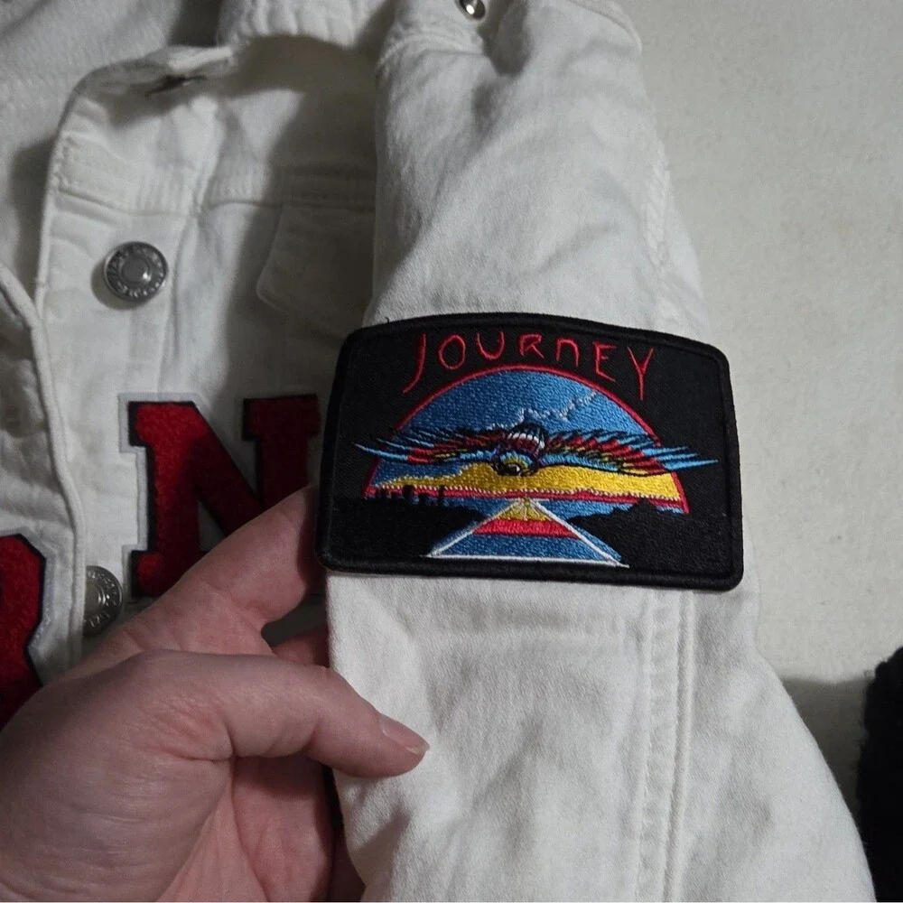 Custom Journey Band White Patch Denim Jacket Studded Sz XXL (Fits Like Large)